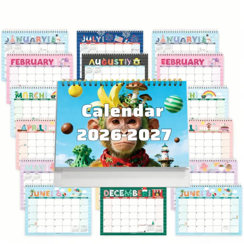 2026-2027 Hawaii Vacation Theme Calendar Series (18 months), featuring monkey patterns, available as wall or desk calendars, with schedules and to-do lists, designed for easy writing and tear-off.