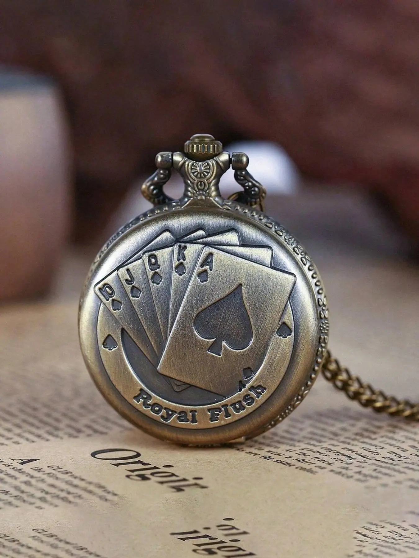 Vintage Bronze Chain Pocket Watch, Analog Watches, Ace Poker Pattern, Antique Wall Clock, Gift for Men and Collectors