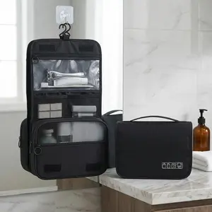 Unisex Toiletry Bag for Travelers, Compact Cationic Fabric Organizer with Hangable Hook, Wet-Dry Separation & Top Handle