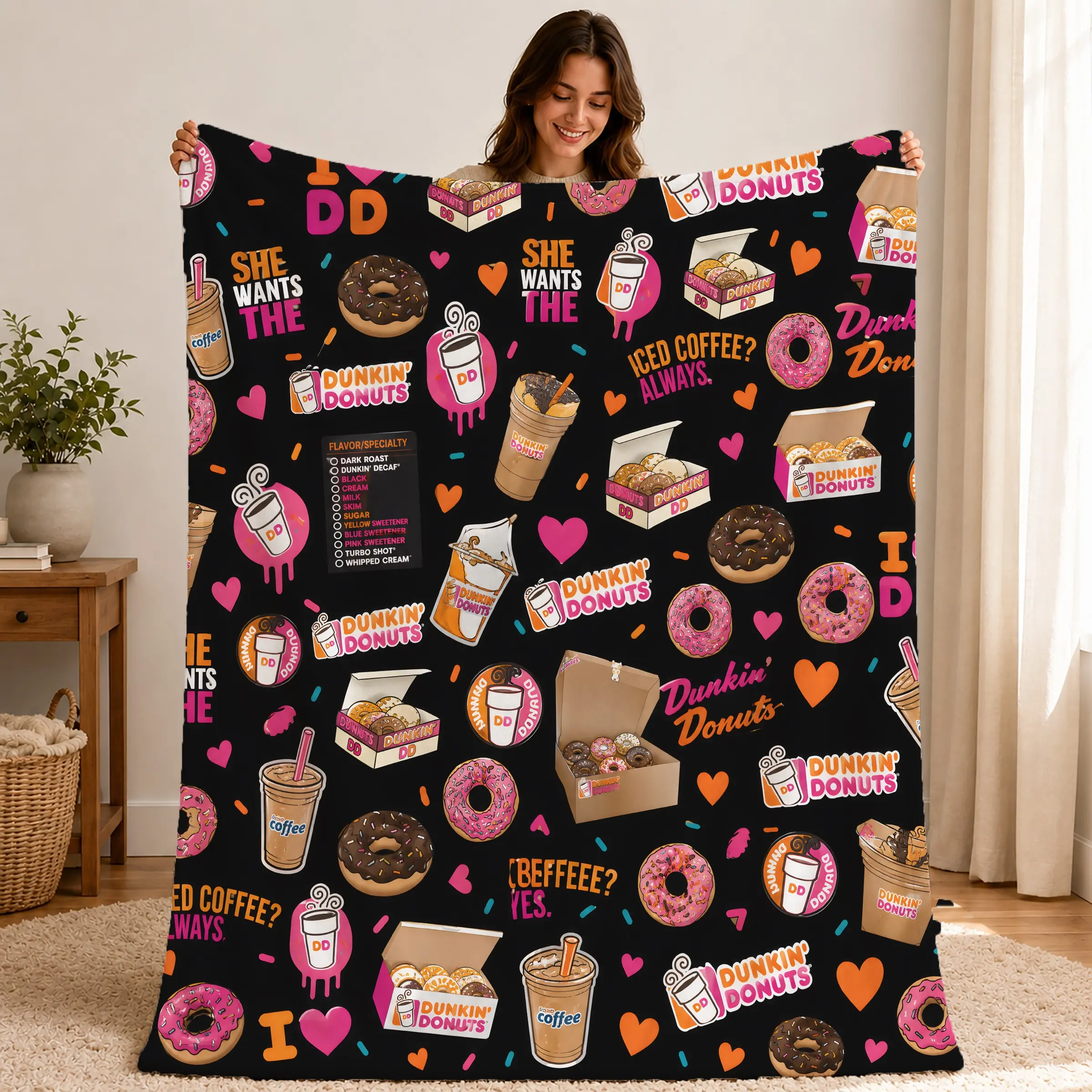 Dunkin Donut Limited Edition Flannel Blanket, Sweet Circle Coffee Heart Cartoon Pattern, Soft Flannel for Sofa Bed Office Nap Photography