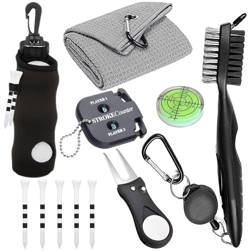Golf Club Accessories Kit with Hooked Cleaning Brush - Golf Gear Includes Ball Bag, Tees, Towel, Ball Marker, Divot Tool, Scorecard, Unisex Portable Multi-functional Set Golf Accessory