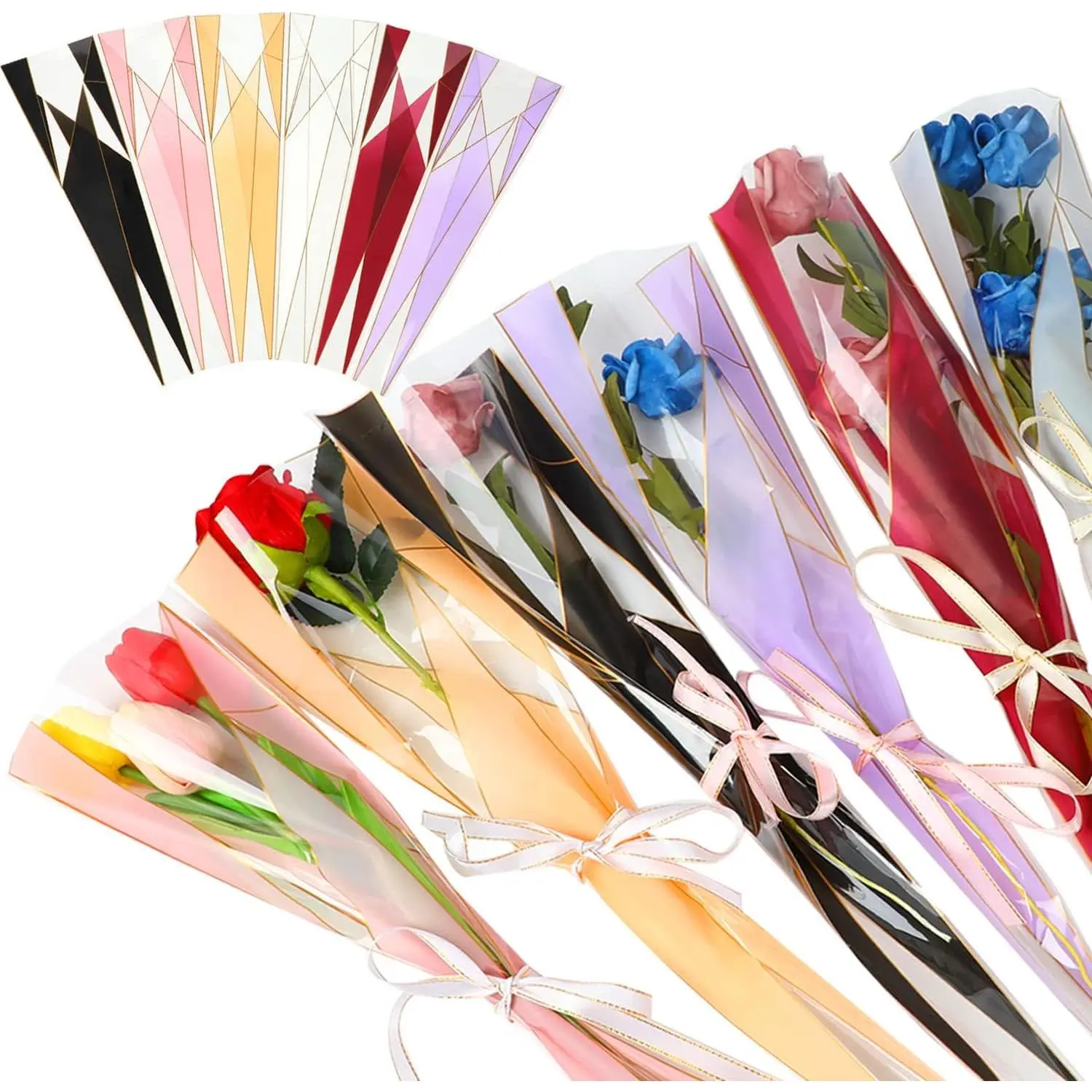 120pcs Mixed Colors Single Flower Sleeve Wrapping Bags - 17.7x4.92", 20pcs Each Color, Gold Trim, Sturdy & Durable Florist Packaging for Wedding, Bridal Events, Home & Festive Party Supplies