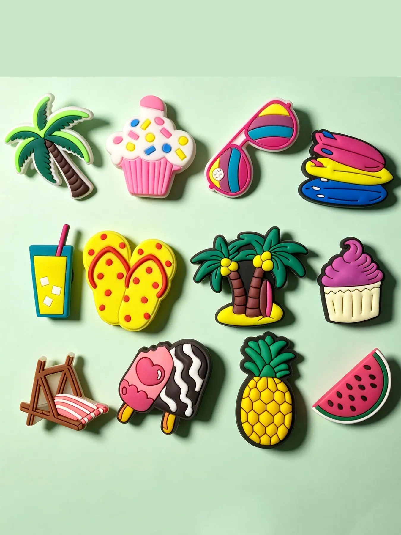 12 Piece Summer Vacation Theme Shoe Accessories Set, Coconut Tree Watermelon Ice Pop Soft Gel Decorative Shoe Inserts, Exclusive Shoe Decoration, Shoe Decoration Charms