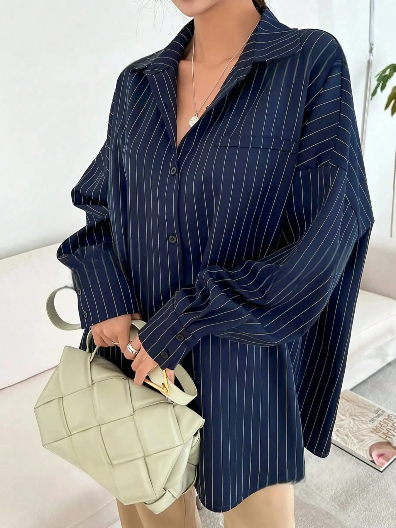 Women's Navy Vertical Striped Loose Shoulder Long Sleeve Button Shirt, Casual Breathable Comfortable Blouse, Spring Fall Fashion Top