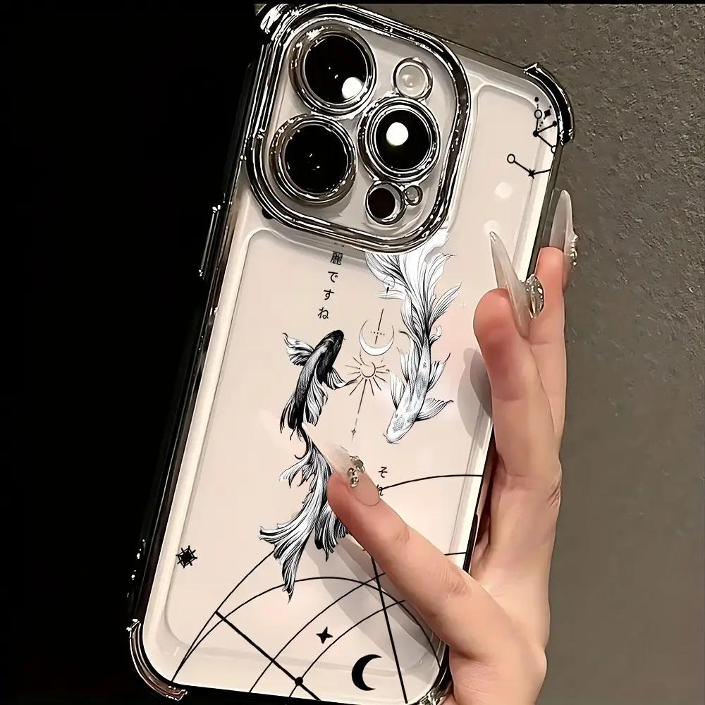 For iphone.Simple Art Yin Yang Koi Phone Case Compatible with iPhone 16, 15, 14, 13, 12, 11 Pro Max, X, XR, XS Max, 8, 7 Plus - Shockproof Transparent Soft Back Cover