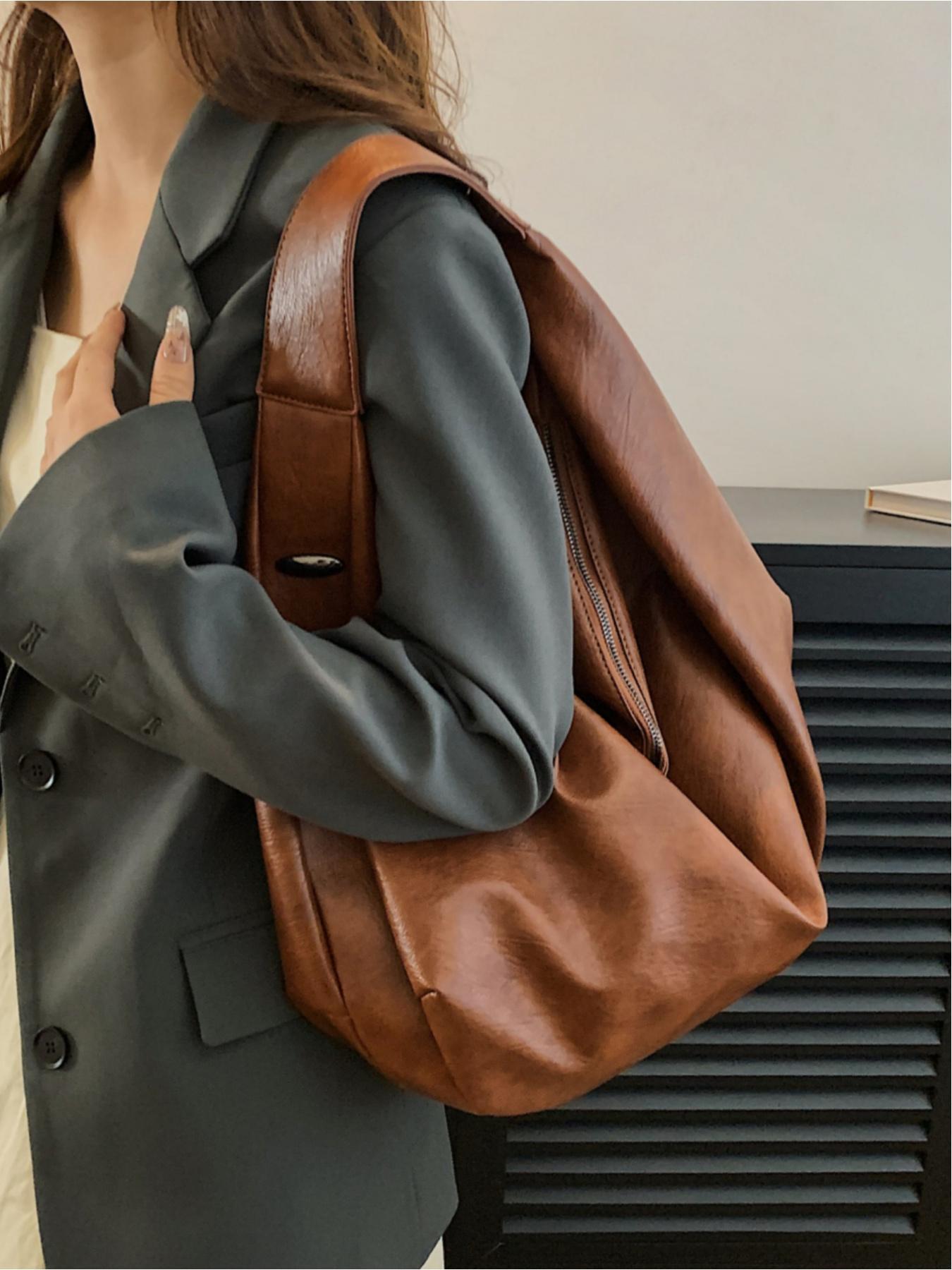 Women's Solid Color Large Capacity Tote Bag, Fashionable PU Leather Shoulder Bag for Work & School, Casual Trendy Versatile High-quality Daily Commuting Bag