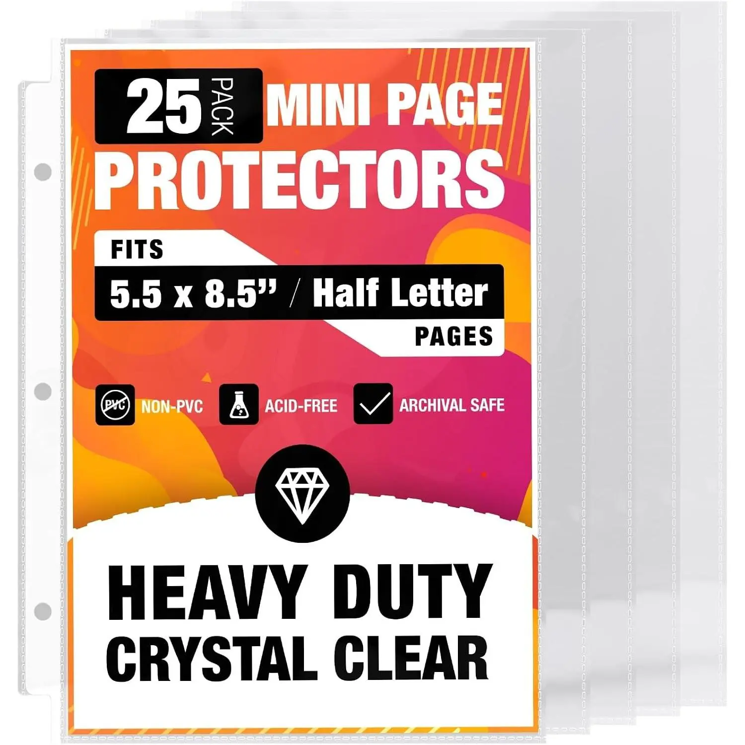 Half Letter 8.5x5.5’’ Pack of 25 Heavy Duty Page Sleeve Protectors for Mini 3-Ring Binders, Top Loading  Clear & Archival Safe Refill Sheets, Acid-Free & Reinforced Holes