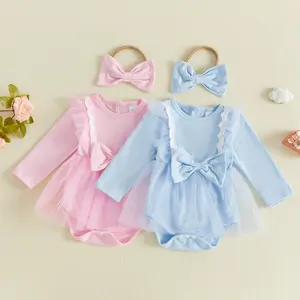 Infant Baby Girl Fall Outfit Long Sleeve Tulle Romper Dress with Bow Headband 0-18 Months