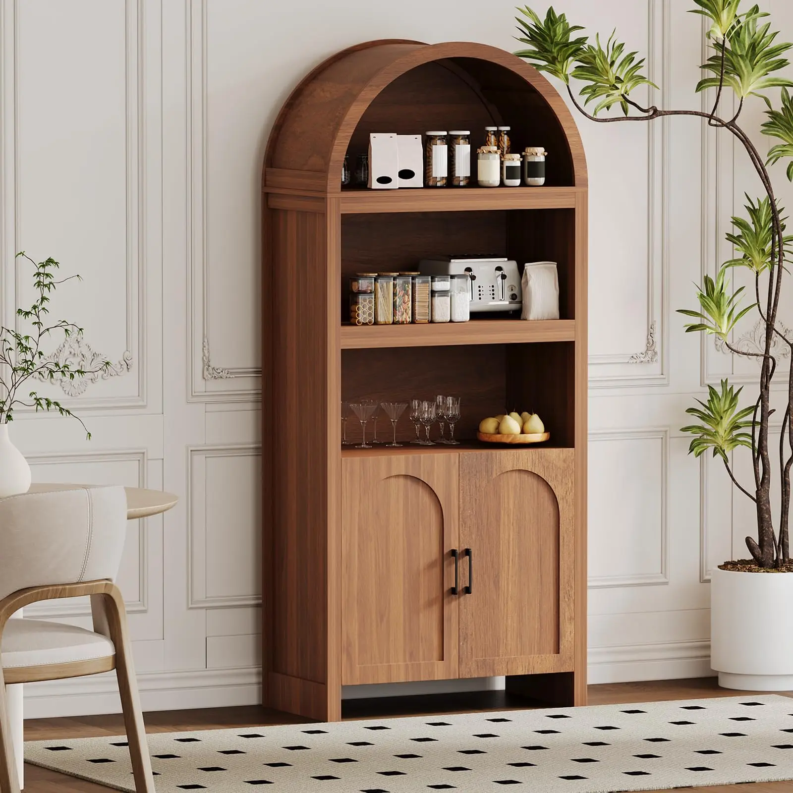 71" Tall Arched Display Cabinet,5-Tier Bookshelf Modern Farmhouse Arched Bookcase with Open Display Shelves and Adjustable Shelf,Wooden Pantry Storage Cabinet for Living Room, Office and Kitchen