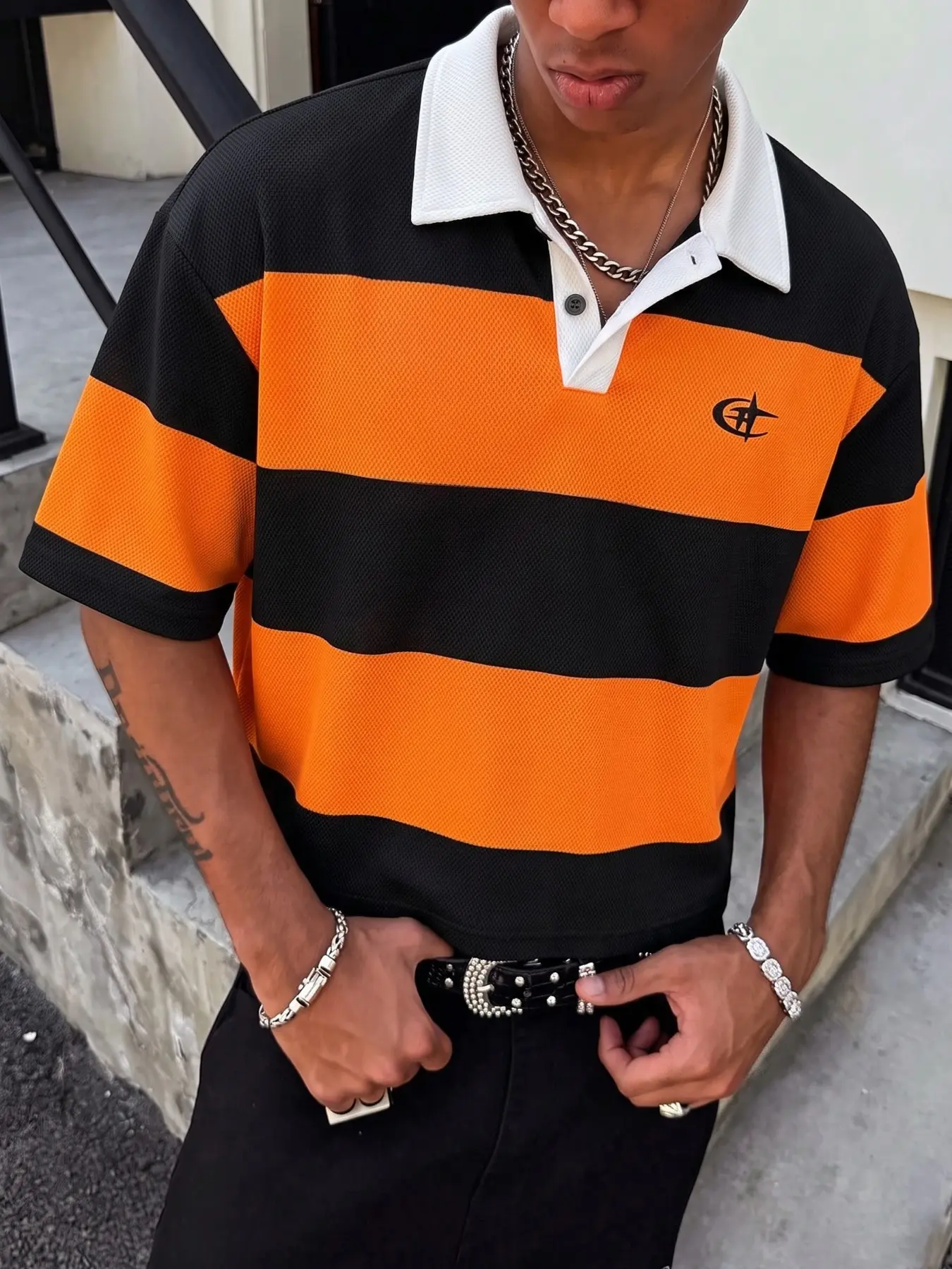 Men's Wide Striped Contrast Lapel Short Polo Shirt, Loose-Fit Short Sleeve Streetwear Hip-Hop Casual Top
