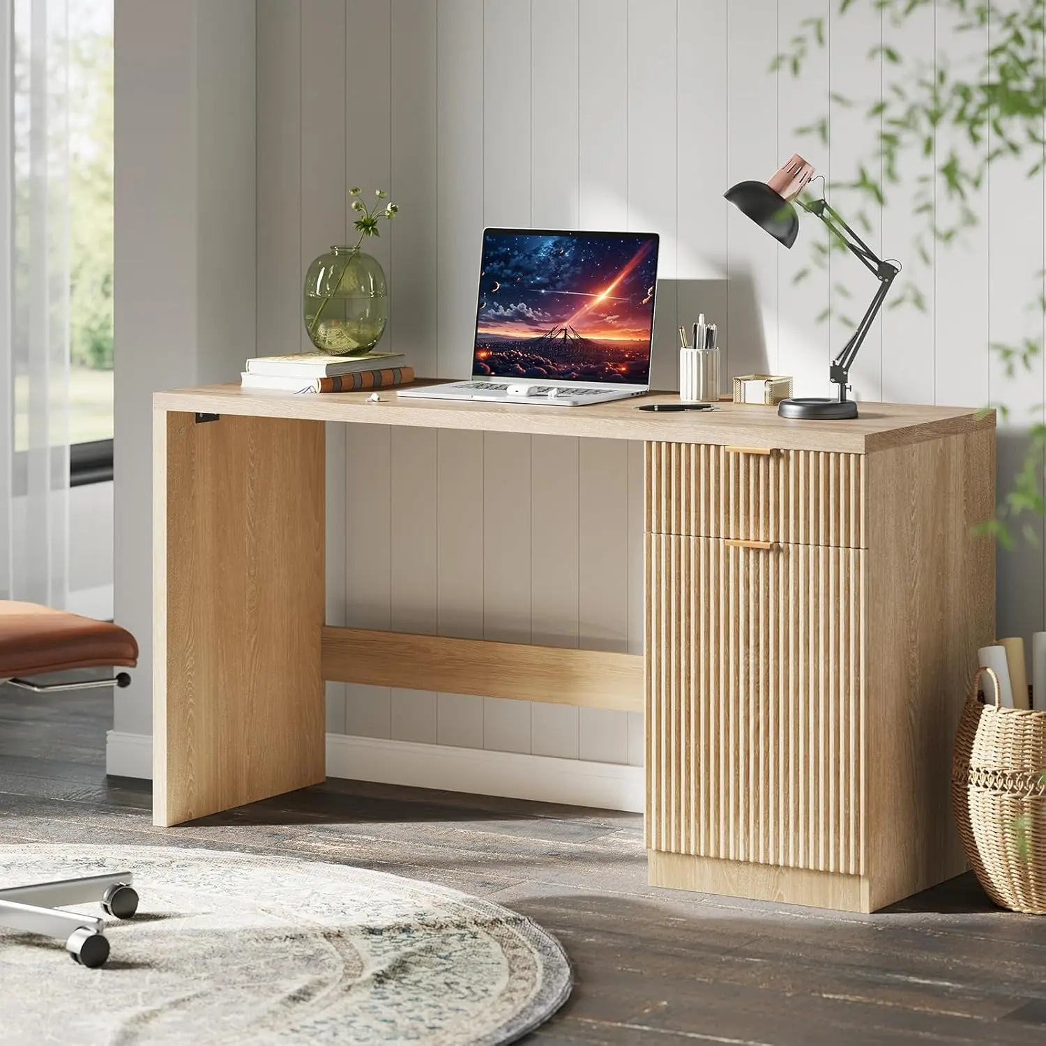 60" Modern Executive Office Desk with Storage Drawers & Fluted Design 60" Modern Executive Office Desk with Storage Drawers & Fluted Design