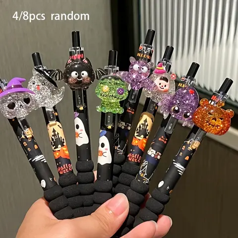 4/8pcs Halloween Click Gel Pens, Random, Assorted Halloween Cartoon 3D Stickers, Black Sponge Soft Grip Sleeves, 0.5mm ST Tip for Smooth Ink Flow, Suitable for Student Note-Taking, Journaling, Holiday Themed Stationery
