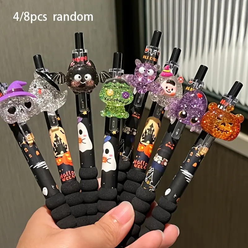 4/8pcs Halloween Click Gel Pens, Random, Assorted Halloween Cartoon 3D Stickers, Black Sponge Soft Grip Sleeves, 0.5mm ST Tip for Smooth Ink Flow, Suitable for Student Note-Taking, Journaling, Holiday Themed Stationery