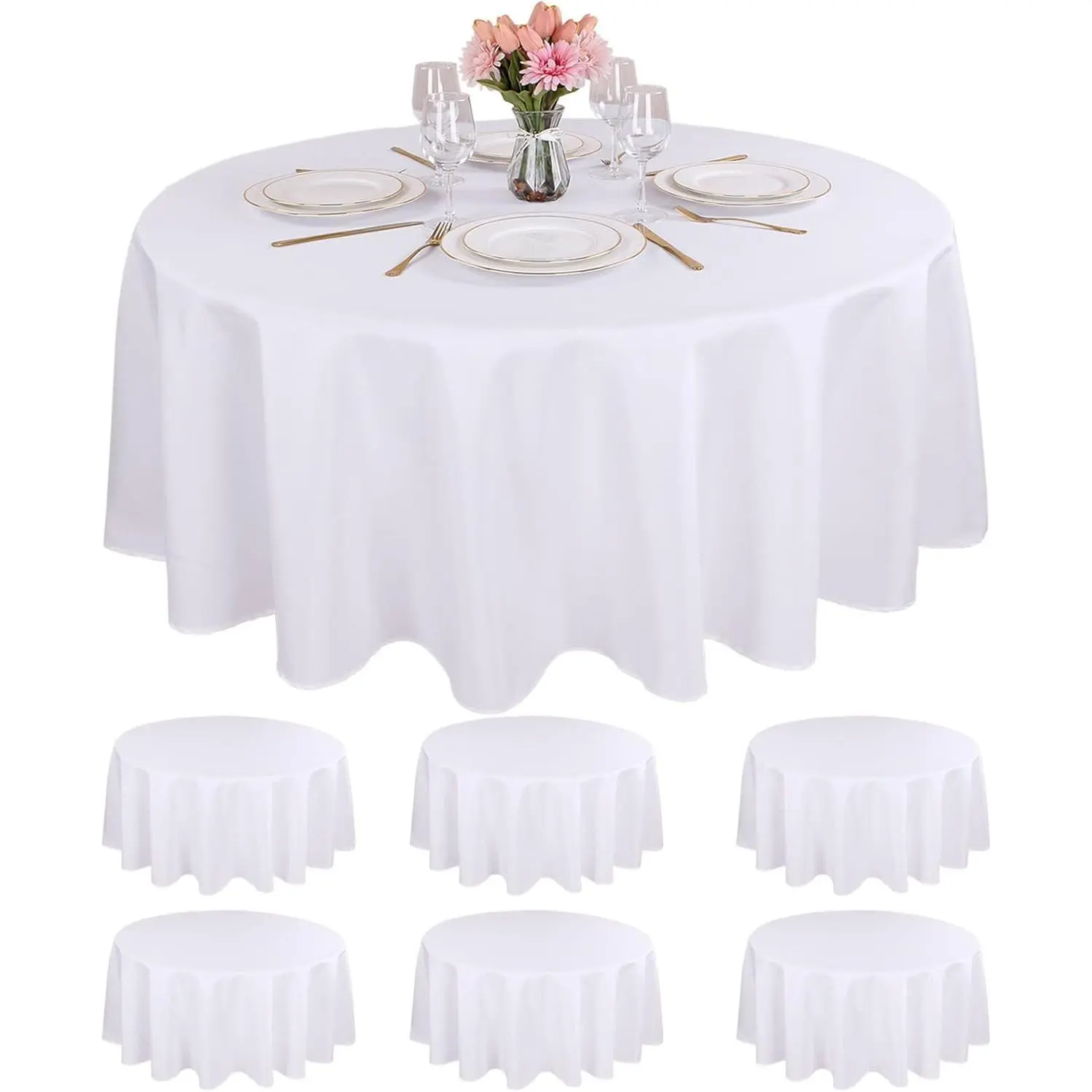 6 Packs White Round Table Cloths 90 Inch White Polyester Circle Bulk Linen Tablecloth Wrinkle Resistant Tablecloths Washable High Density Fabric Tablecovers for Wedding Camping Banquet Parties