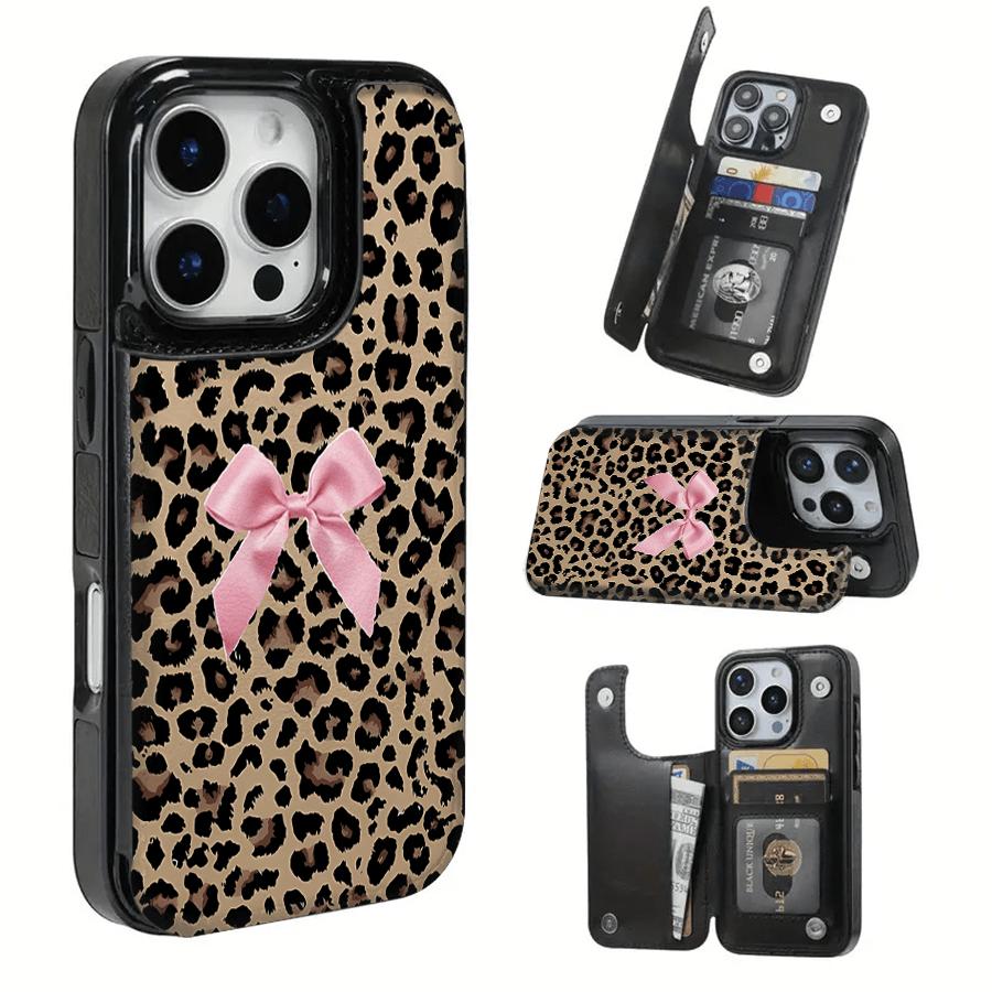 Creative Leopard iPhone Wallet Case - Practical Bow Design Card Holder for iPhone 17/16/15 ProMax 14 Plus/13/12 Pro Air,Samsung S25,S24,S23,S22,Ultra Plus FE.It makes a great holiday gift for friends or family.