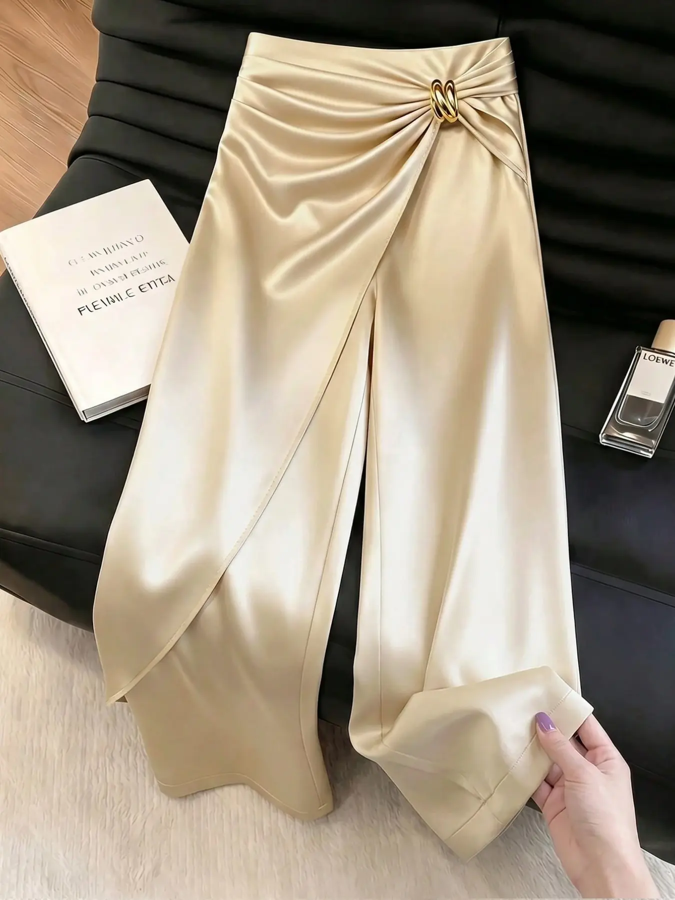 Elegant Women's Spring Summer Solid Color Long Pants, Plisse Pants, Waist Pleated Design, Metal Buckle Detail, Satin Material, Simple Style
