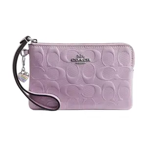 Coach Corner Zip Wristlet 16 – Pearlescent Painted Leather Heart-Accented Small Wallet for Women in Silver and Light Purple