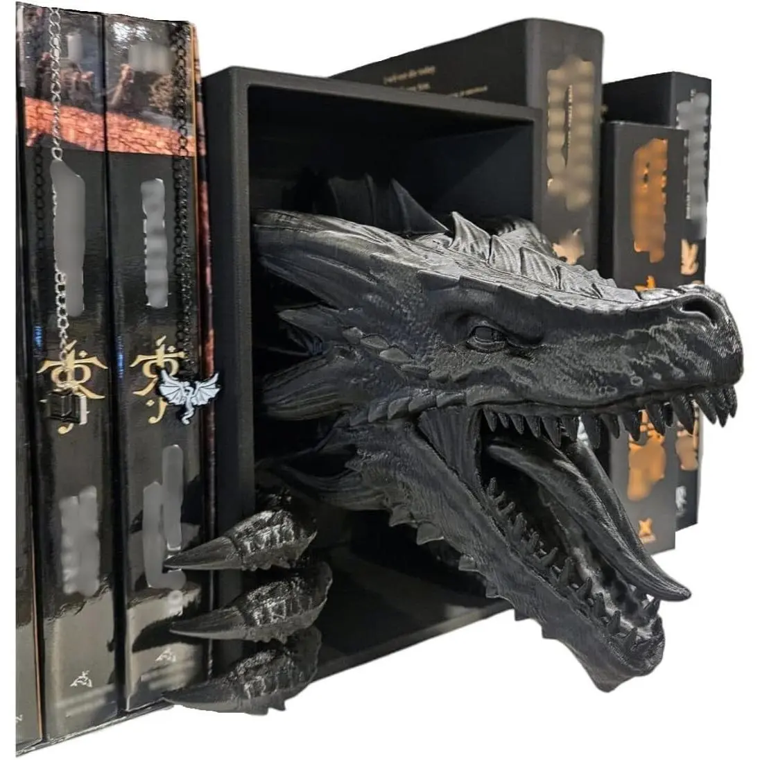 Black 2-Arm Dragon Motif Book End Arms, Fantasy Theme Library Decor, Unique Bookshelf Insert for Dragon Readers