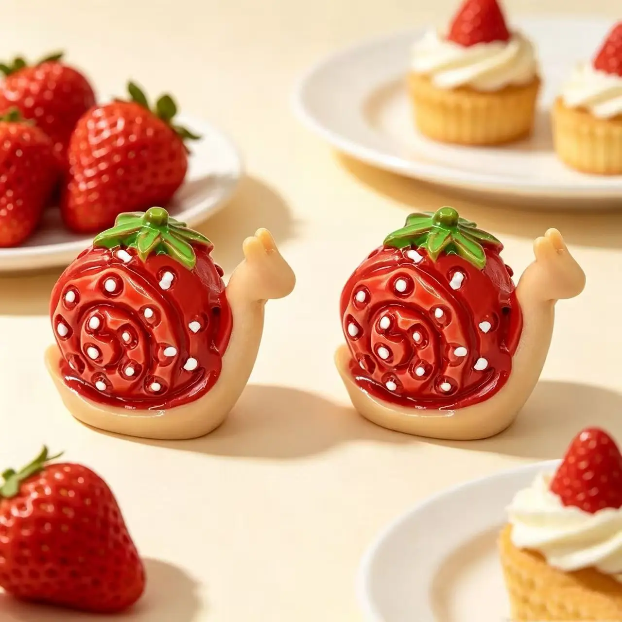 30pcs Resin Accessories, Mini Strawberry Snail Micro Landscape Decor, DIY 3D Cartoon Ornaments, Garden Small Decorations