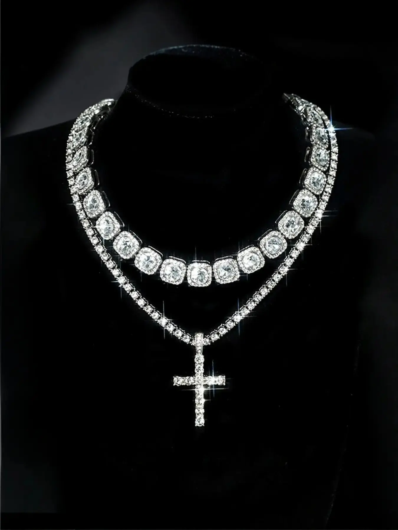 Fashion Simple Cross Pendant Necklace, Moissanite European Hip Hop Style, Silver Color Options, Ice Feel Diamond Tennis Chain