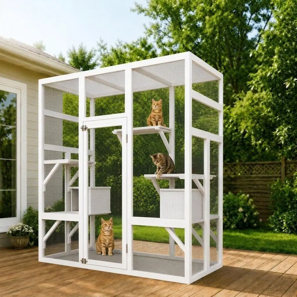 Large Walk-In Catio for Multiple Cats – 160cm Wooden Enclosure with 5 Platforms, 2 Rest Boxes & Weatherproof Roof – Patio/Garden/Balcony-[two packages ]