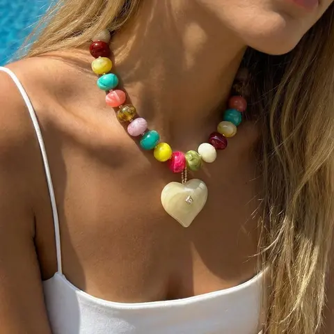 Dopamine Color Block Heart Pendant Necklace, Vacation Energy Style, Irregular Multicolor Imitation Jade Beads, Gradient Large Heart Charm, Vintage Lockbone Chain, Necklets