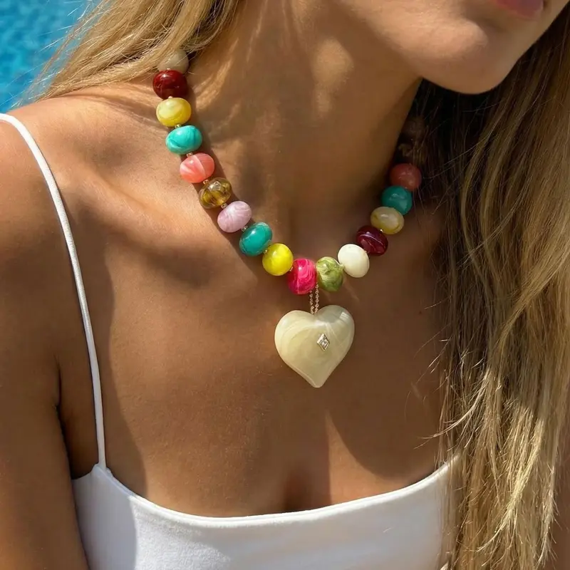 Dopamine Color Block Heart Pendant Necklace, Vacation Energy Style, Irregular Multicolor Imitation Jade Beads, Gradient Large Heart Charm, Vintage Lockbone Chain, Necklets