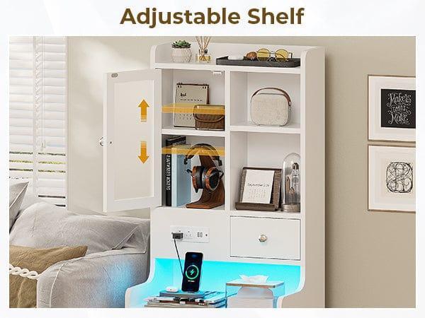 Sikaic LED Tall Nightstand with Glass Door Storage White Modern Accent Tables Modern Furniture Bedside Cabinet