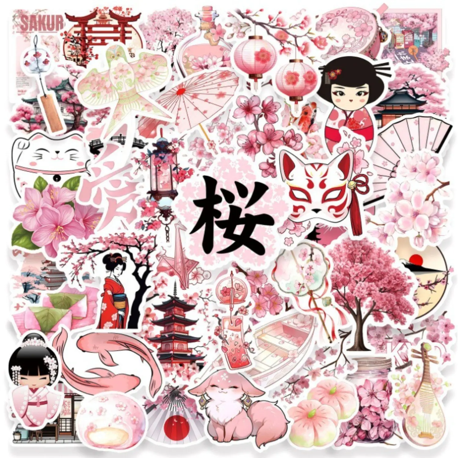 50pcs Pink Cherry Blossom Office Stickers, High-Value, Positive Energy Gifts for Decorating Journals, Scrapbooks, Notebooks, Computers, Water Bottles, Cars, Etc., Cherry Blossom Decal