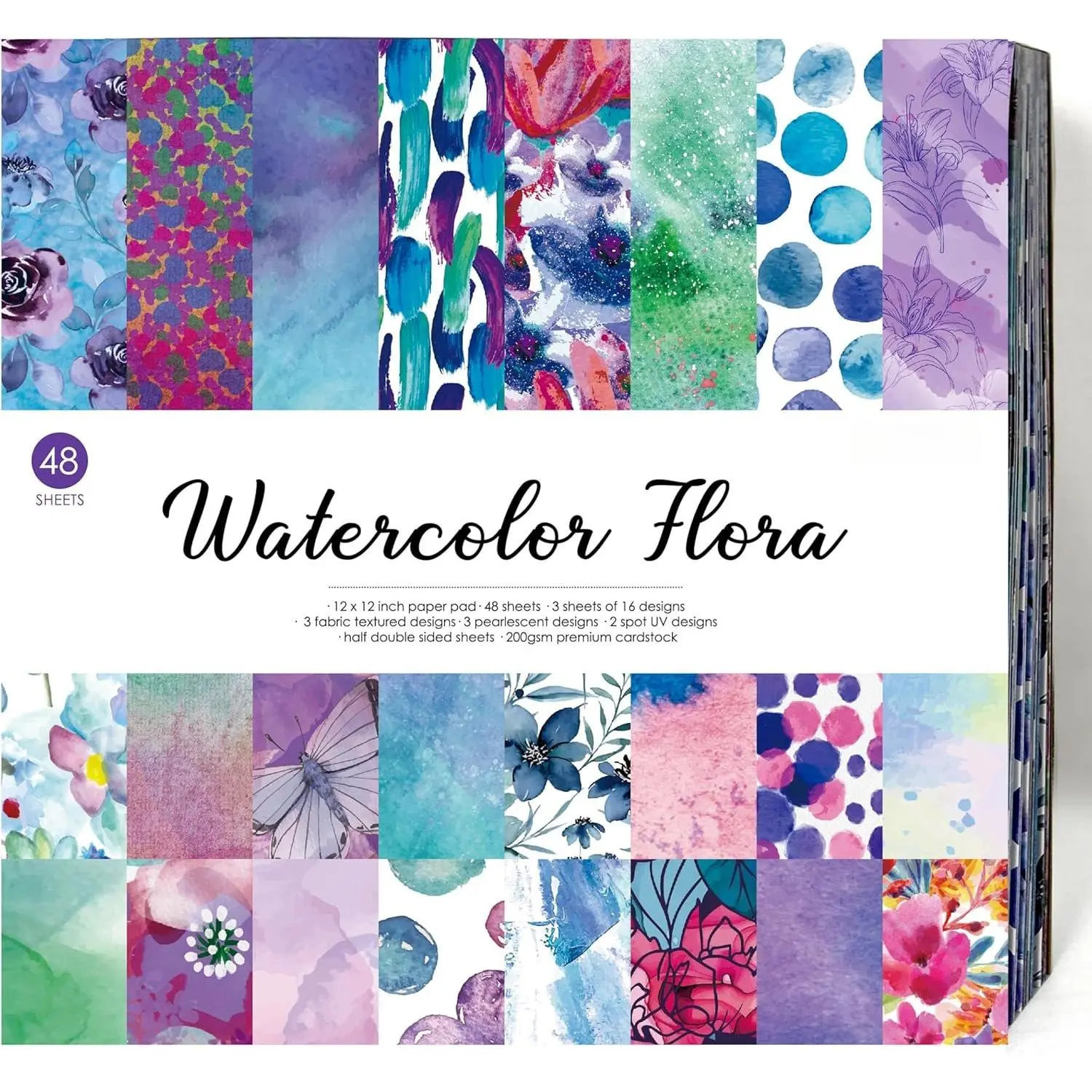Modern Scrapbooking Cardstock Decorative Paper Pack - 48 Sheets, 6x6.5in Watercolor Flora Design, Crafts Supplies for Card Making, Scrapbooking