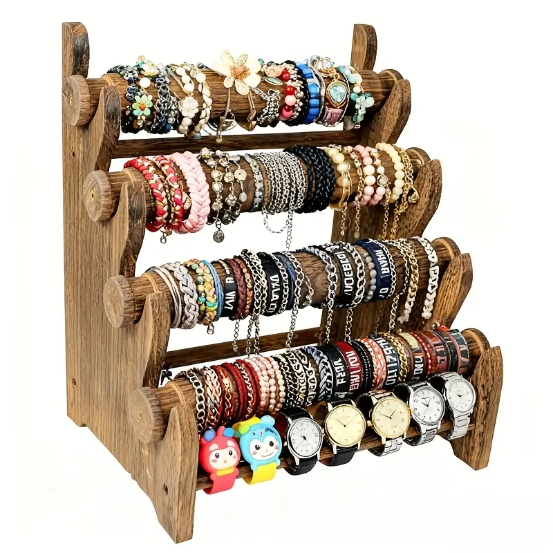 PABHAN 4-Tier Vintage Wooden Jewelry Display Stand, Bracelet, Necklace, and Watch Organizer, Desktop Storage Rack, Jewelry Storage Stand, Hair Tie Organizer, Jewelry Display Stand – For Birthdays, Valentine's Day, Father's Day, and Mother's Day Gifts