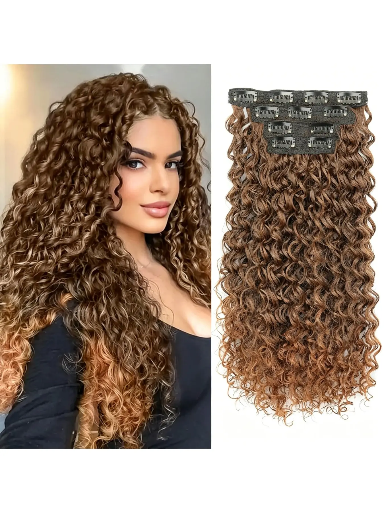 Clip-in hair pieces, 16-inch 4-piece set with 11 clips, synthetic curly hair, Artificial Hair Extension, fluffy and natural, adds volume invisibly, clip-in Invisible Hair Extensions, suitable for women for daily wear, parties, and weddings.