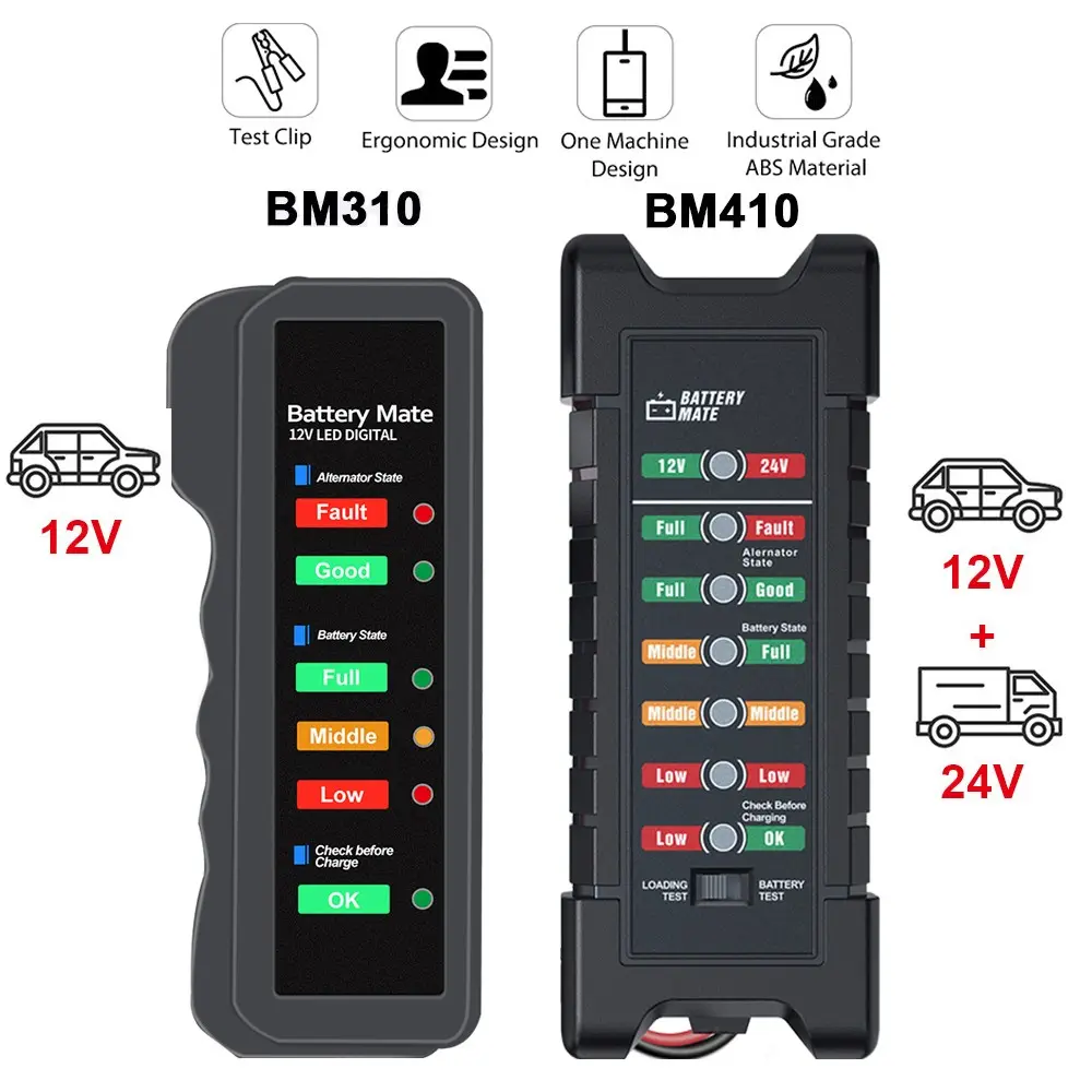 Car Battery Tester, 12V 24v Automotive Battery Test Tool with LED Indicator and Design, Battery Checker Analyzer for Alternator and Charging System
