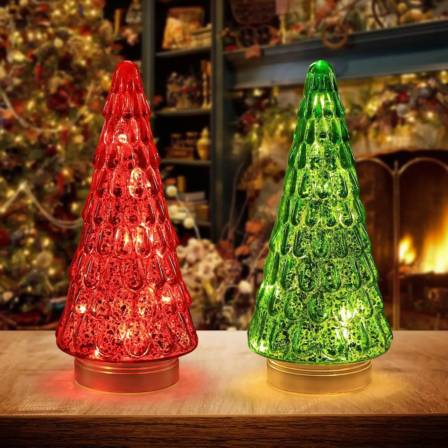 Christmas Decorations Indoor, 2 PCS Sparkling Glass Christmas Tree Table Centerpieces Decor with LED Lights and Timer, Xmas Tree Decorations for Home, Mantel, Shelf, Tabletop (Red & Green)