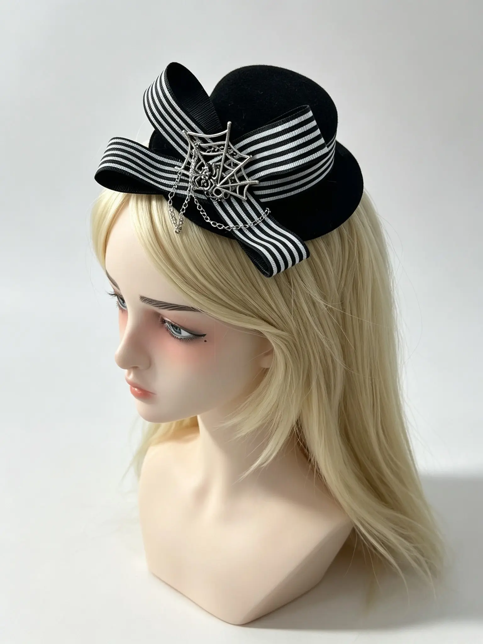 Gothic Mini Hat Hair Clip, Striped Bow Spider Web Chain Headband, Millennial Dark Sweet Cool Women's Accessory, Halloween Vampire Costume