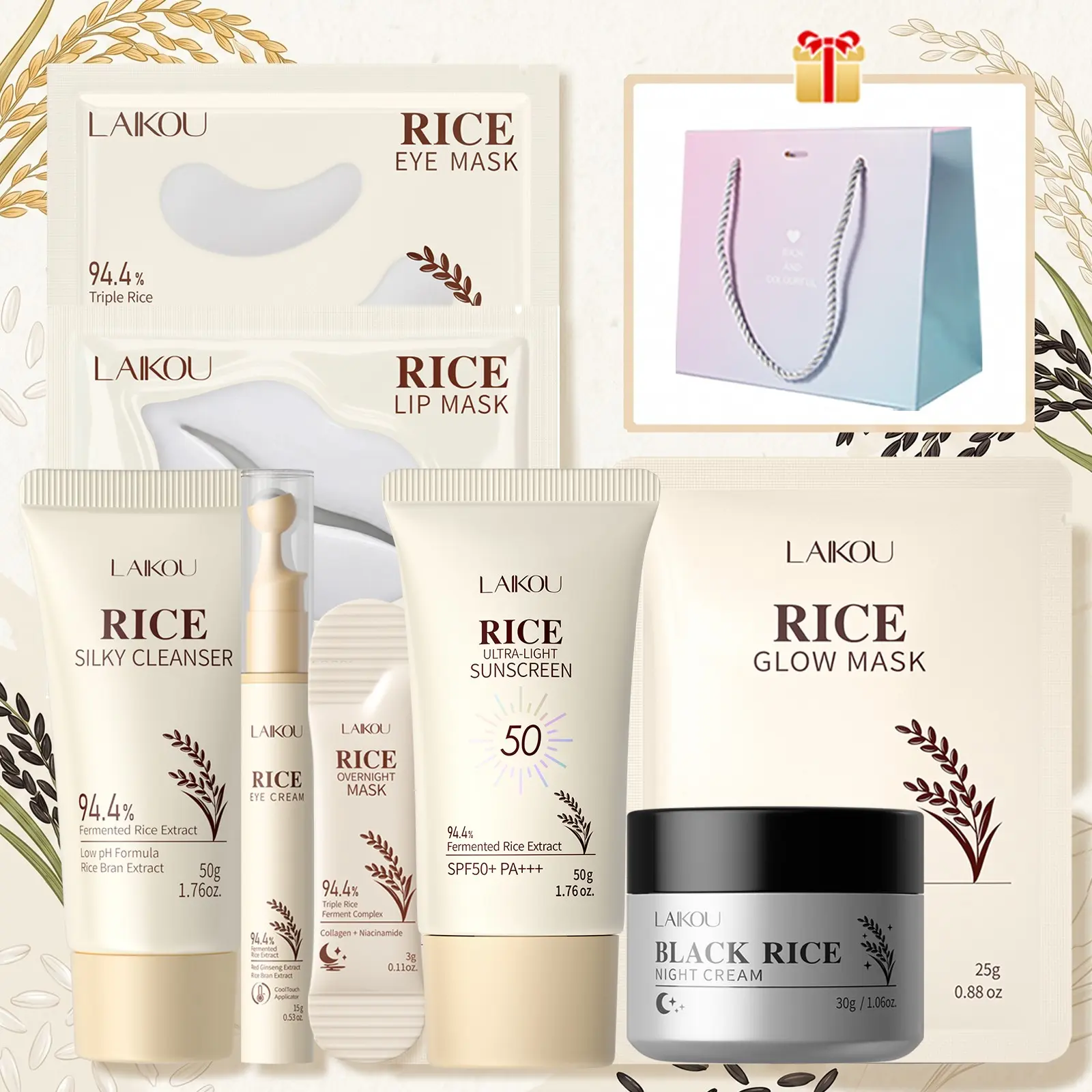 LAIKOU Rice Extract Radiance Essentials Kit, Glow Set, 8-In-1 Brightening and Hydrating Skin Solution with Moisturizing Cream, Glow Mask & Lip Treatment, Gentle Hydration & Pore Refining System for Uneven Skin Tone, Glowing Skin Set