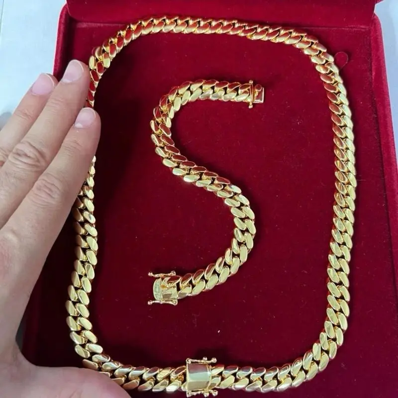 【2set】14K Vacuum-gold Plated Hip Hop Jewelry Stainless Steel Miami Cuban Link Chain Necklace or Bracelet Fashion Accessory Men Women unisex Monaco italy Mexico & Micro Promise chains for Husband Boyfriend Valentines Birthday Gift