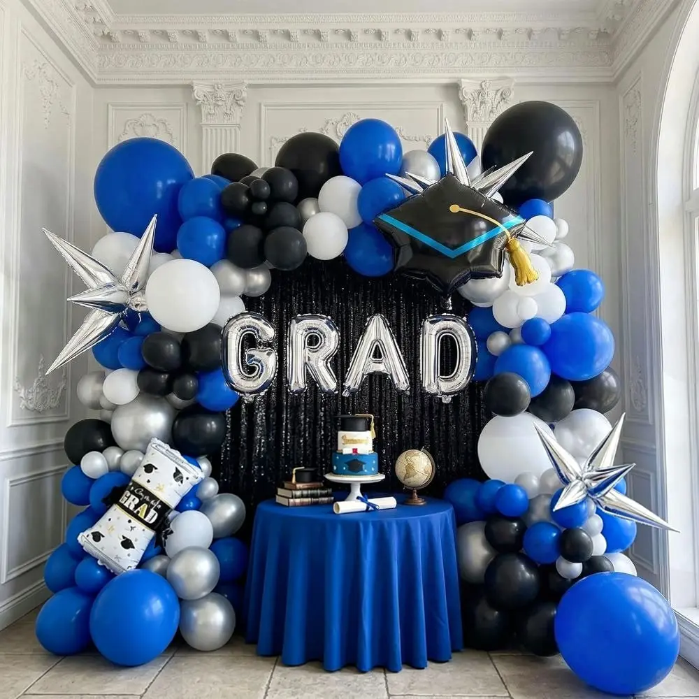 Royal blue, black, white, silver balloon kit 110PCS, Balloon Party Supplies, Balloon Arch Frame Balloon Garland Frame with graduation cap, star letters Balloons for Class of 2026 Graduation, Ceremony & Prom Party Decorations