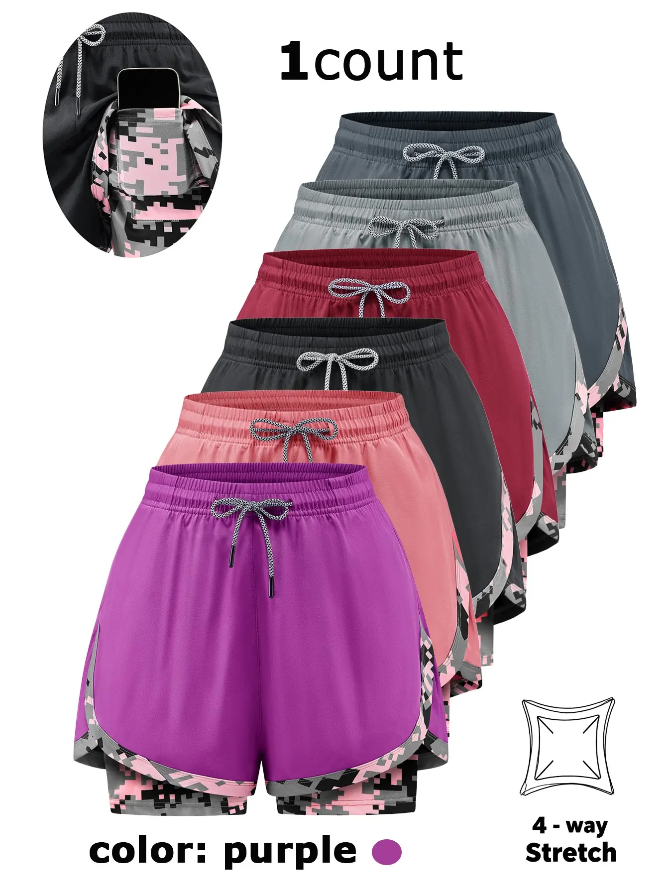 Women's 2‑in‑1 Layered Anti‑Chafing Activewear Shorts with Elastic Waistband、 Phone Pocket , Breathable Comfort Quick-Dry Fabric for All Seasons,Perfect for Outdoor Running and Gym Workouts, Dual Layer Shorts, Shorts Sportswear