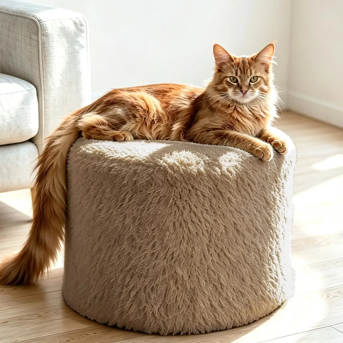 Round Portable Storage Ottoman Pouf, Faux  Foot Rest Stool Camel