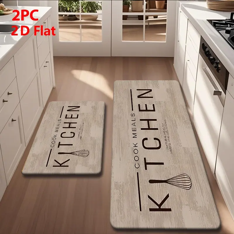 Kitchen Mat Set for floor 2/3 Piece,Simple  Kitchen Rug with Decorative, Light Distressed Wood Grain Background "KITCHEN COOK MEALS" Whisk Letter  Kitchen Rugs and Mats for Kitchen, Entryway, Bathroom, Laundry Room, Hallway, Farmhouse Kitchen Rugs