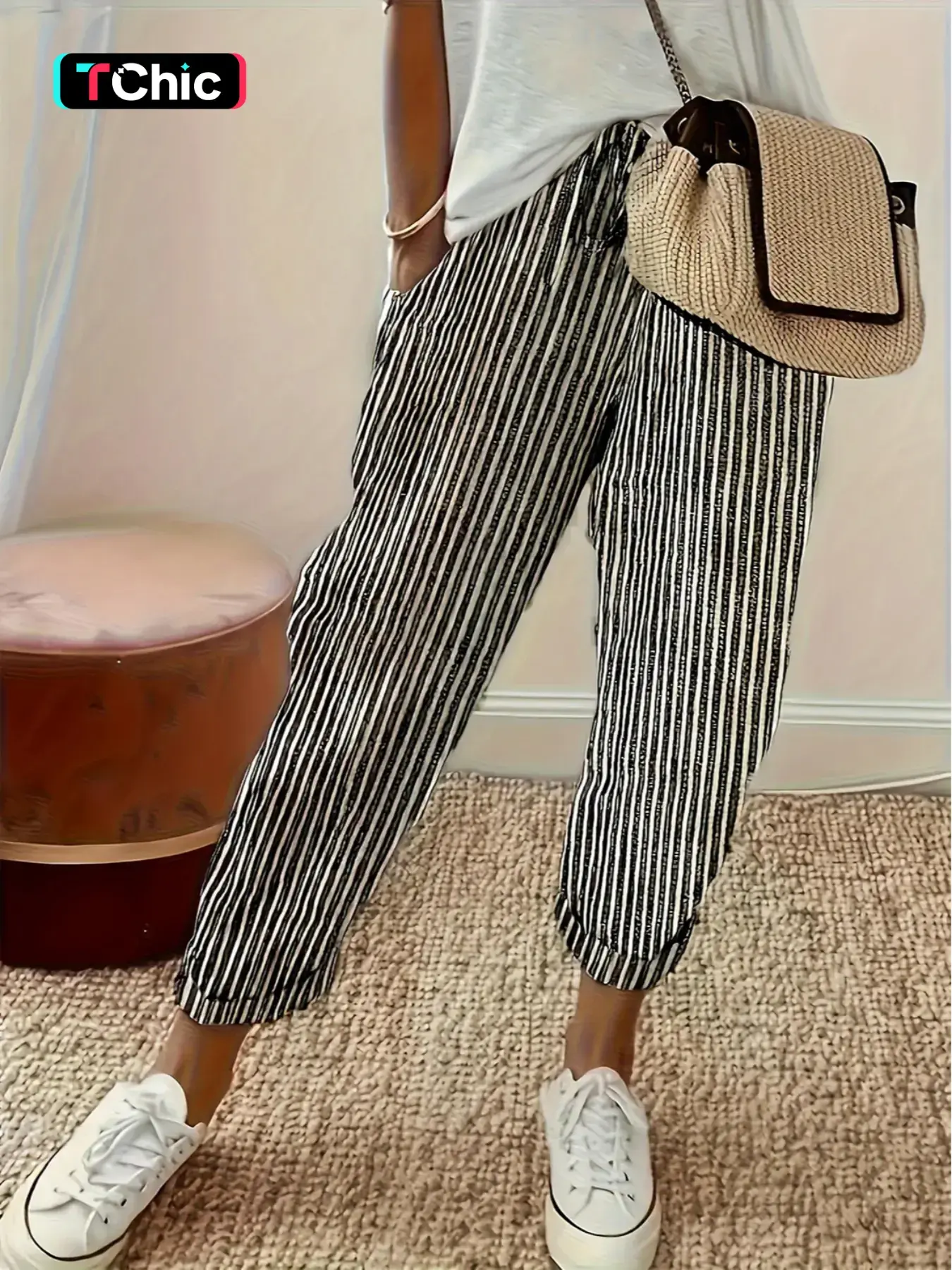 Women's Striped Print Pocket Elastic Waist Pants, Casual Comfy Trousers for Daily Wear, Ladies Bottoms for All Seasons, Womenswear, Casual Summer Bottoms, Casual Fashion Bottoms