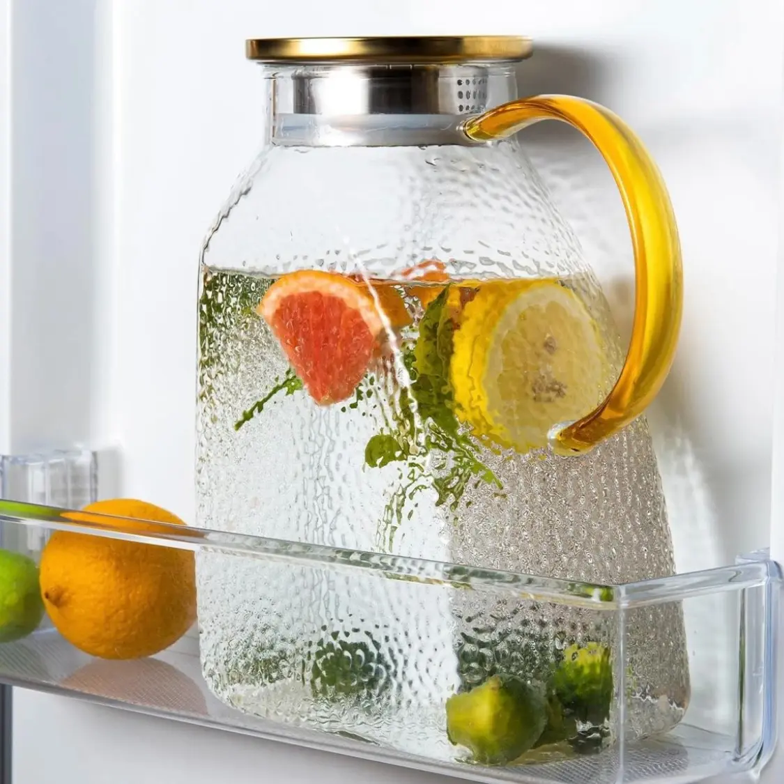 Fridge Door Wide Mouth Thickened Reusable High Borosilicate Glass Water Pitcher, Drink Pitcher, 1.8 Liter/60oz Space Saving Leak Proof Carafe with Airtight Lid, Dishwasher Safe Heat Resistant, for Juice Iced Tea Lemonade Coffee Kitchen Daily Use