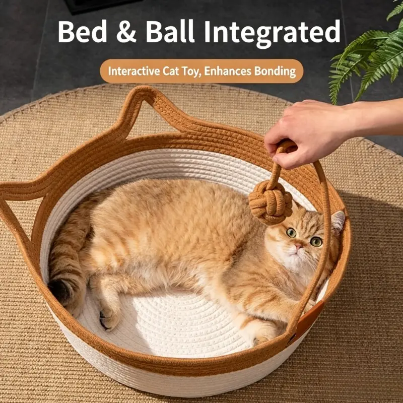 Handwoven Cotton Rope Cat Bed, Stimuli Handwoven cat Basket Rope Cotton Eliminates Bed Rejection Round Pet Basket with a Playing Ball for Kittens , Boho Catbed for Cats and Dogs All-Season