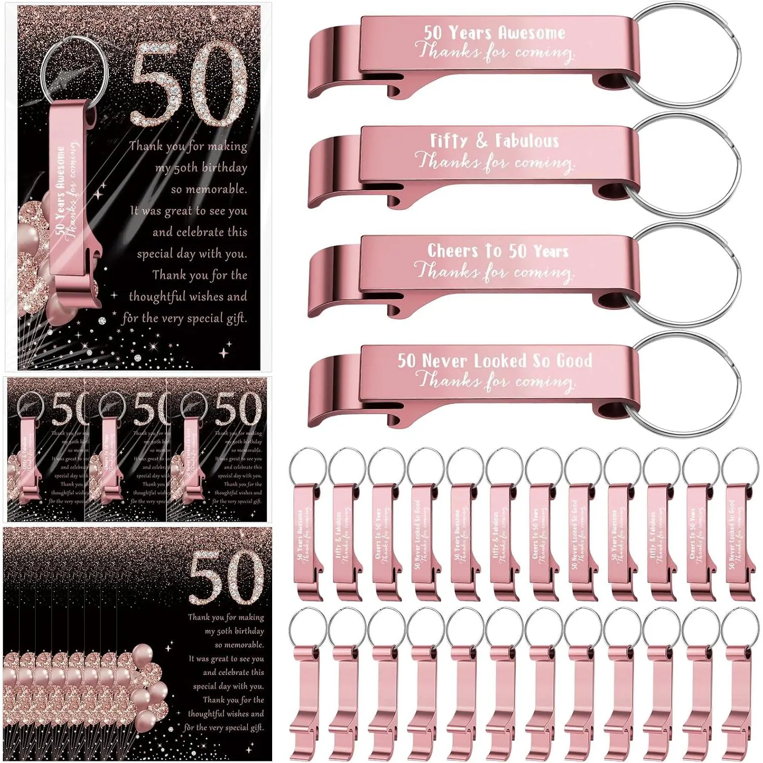 50-Set 50th Birthday Party Favor Beer Opener Keychains, Bottle Opener Keychains with Thank You Cards & Gift Bags for Women’s Birthday, Anniversary Home & Festive Party Supplies, With Cards