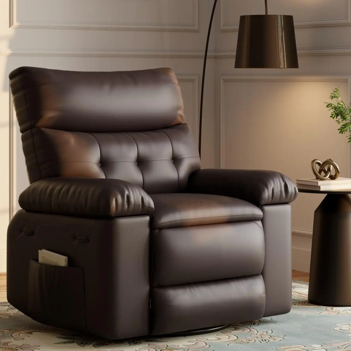 GARVEEOversized Recliner Chair with Heat and Massage, 360° Swivel and Manual Rocking, Includes Cup Holder, Available in Brown, Creamy, Tan, and Grey for Living Rooms, Bedrooms, and Nurseries
