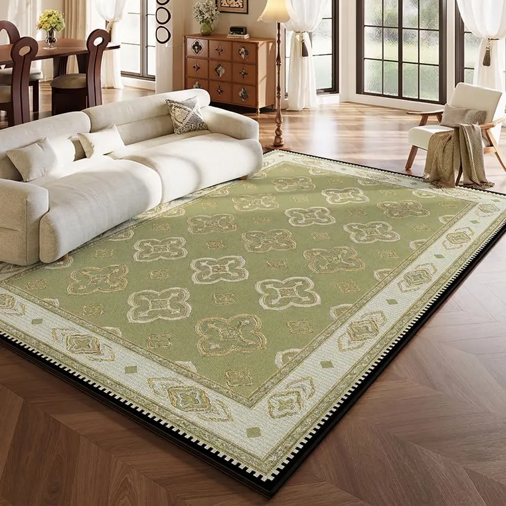 Matcha Green Medieval Vintage Area Rug (100cm×160cm/3.28'-5.25'), European Floral Non-Slip Washable Large Floor Mat for Living Room, Bedroom