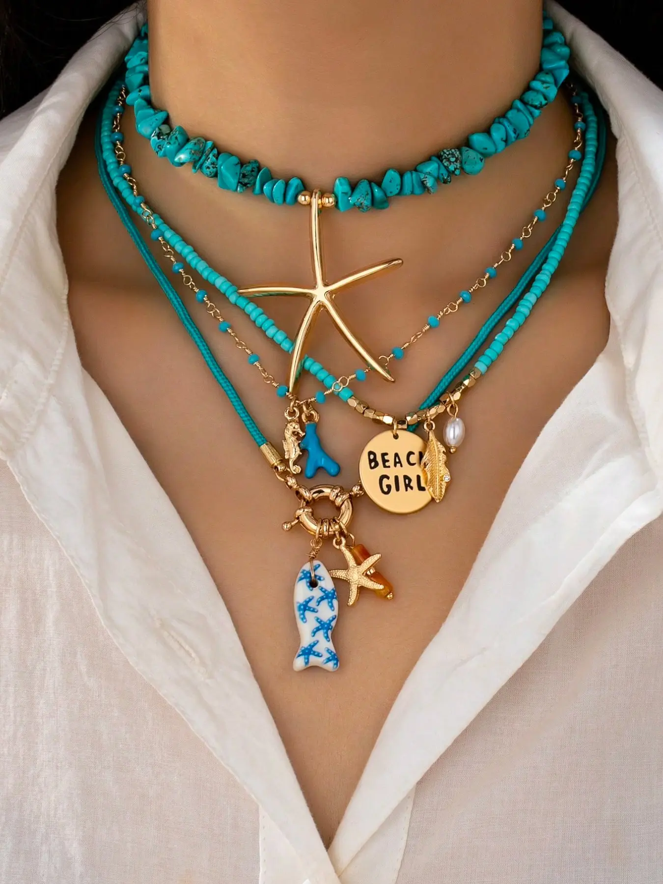 4 Pc Summer Bohemian Boho Unique Aesthetics Versatile Starfish Pendant Handmade Turquoise Stone Beaded Layered Necklace, Carabiner Locket Necklaces with Fish Coral Charms, Beach Vocation Jewelry Accessories