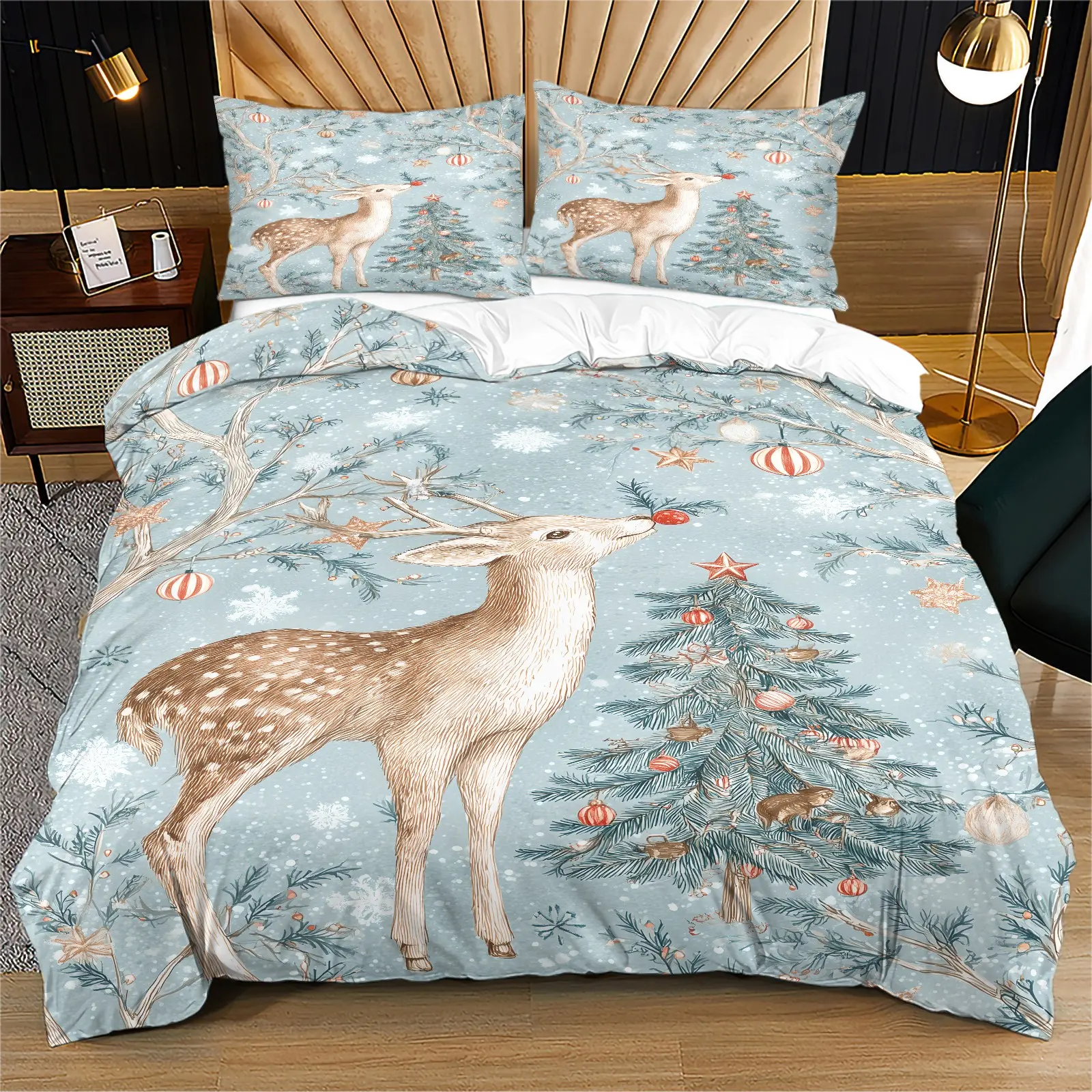 Light Blue Watercolor Spotted Deer Christmas Tree Duvet Cover Set, Vintage Winter Forest Xmas Bedding, Farmhouse Bedroom Holiday Gift