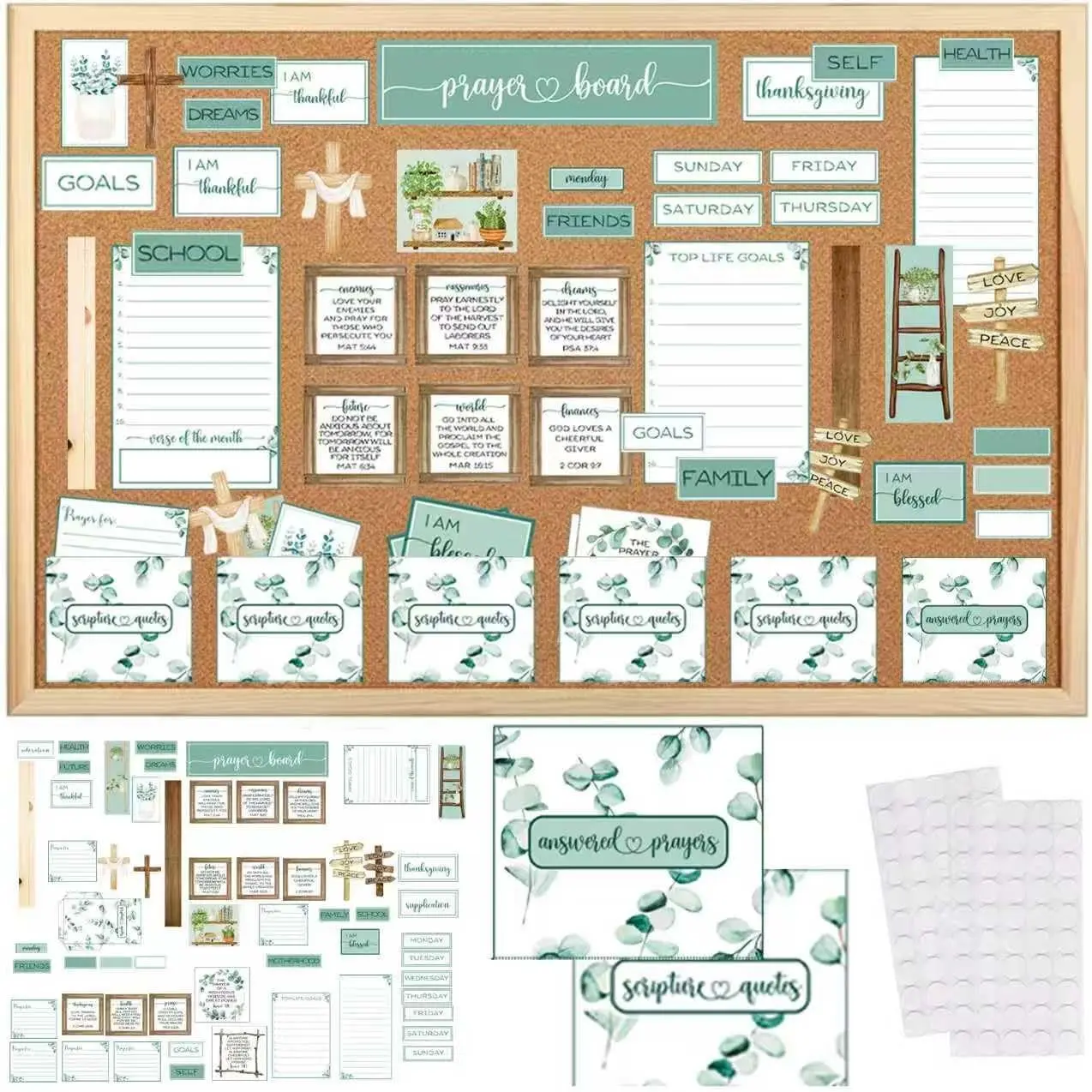 Women's 180-Pcs Religious Prayer Board Kit, Eucalyptus Leaf Themed Christian Gift with Bible Verse Quotes, DIY Home Decor Supplies for Home Office